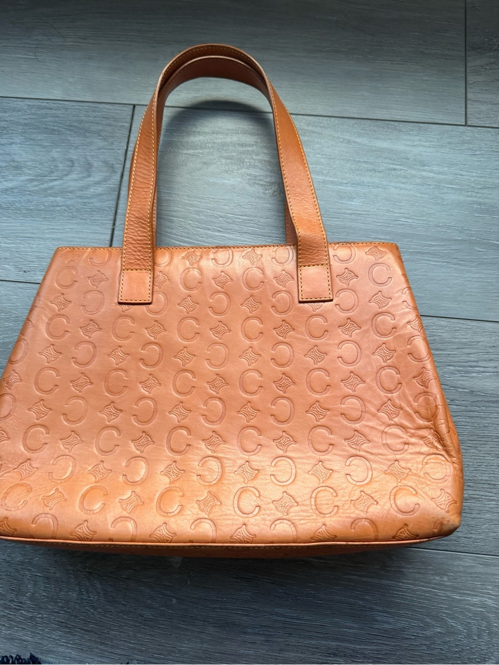Celine Embossed Logo Leather Tote in Cognac Brown